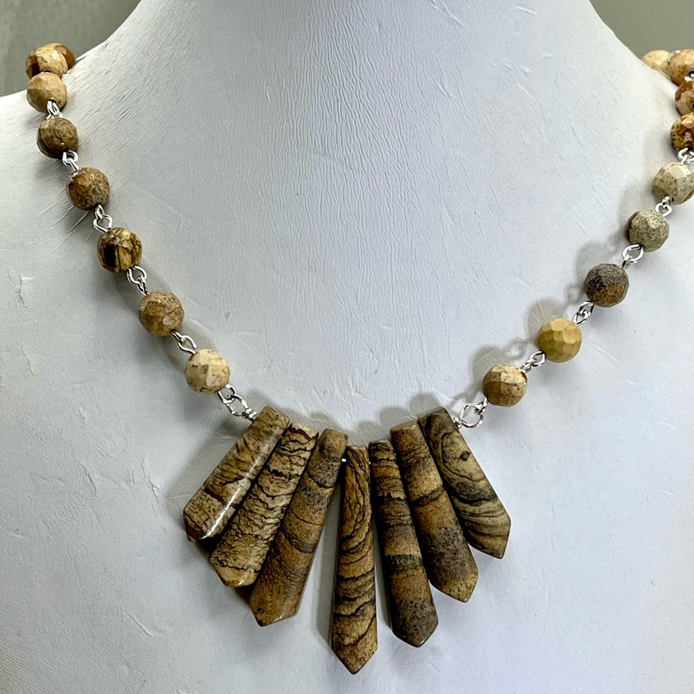 Brown and Tan Picture Jasper Tribal-Inspired Necklace with Textured Beads